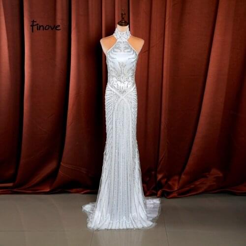 Finove 2020 Evening Dress New Style White Tulle Halter Neck Full Beading With Sexy Cut-out Back Floor Length Elegant Lady Gown