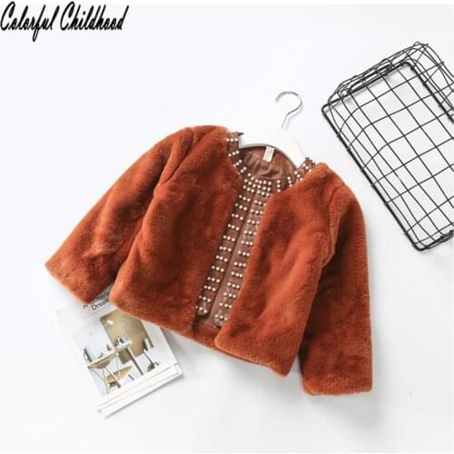 Winter Girls Faux Fur Fleece Coat Warm Jacket Xmas Snowsuit pearl decorate Outerwear Children kids Clothes 2-6Yrs