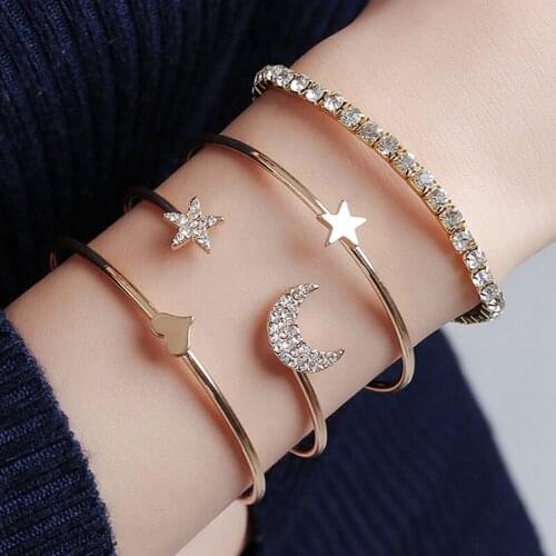 4pcs/set Bohemian Bracelets Pentagram Peach Hearts Stars Moon Open Bracelet Women Fashion Apparel Jewelry Valentines Day Gifts