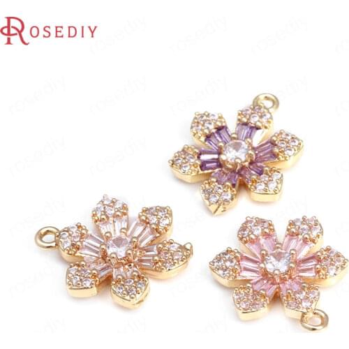 6PCS 13x18MM 24K Champagne Gold Color Brass and Zircon Flower Charms Pendants Jewelry Making Supplies Diy Findings Accessories