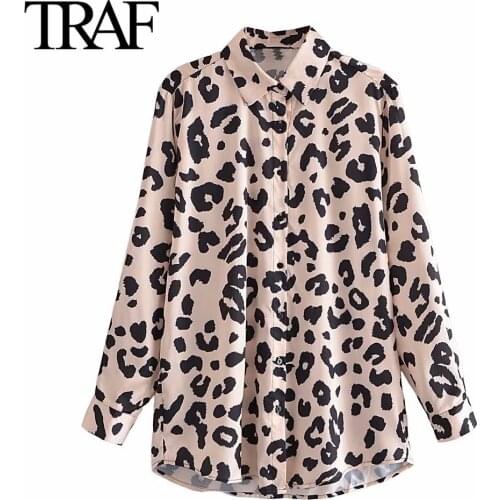Traf Za Women Clothing Korean Fashion Satin Leopard Shirt Button Up Loose Long Sleeve Blouses Office Ladies Tops Mujer
