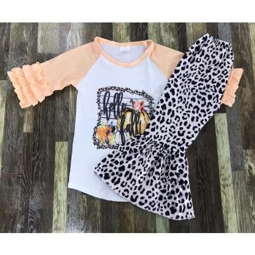 Baby girl boutique western leopard print pumpkin middle sleeve bell bottom set