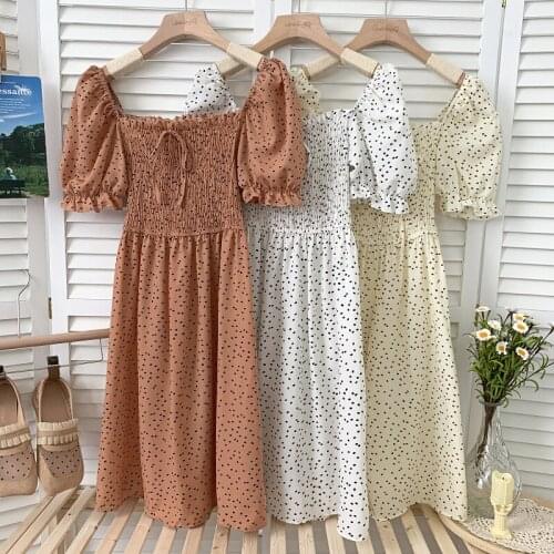 Croysier Summer Dress 2021 Frill Edge Square Neck Tie Polka Dot Dress Women Short Puff Sleeve Shirred Casual Mini Dress Sundress