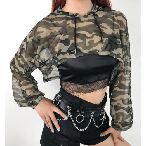 Hirigin Summer Camouflage Sunscreen T Shirts Women Crop Top 2020 New Hooded Long Sleeve Mesh Tops Tee Fashion Women Streetwear