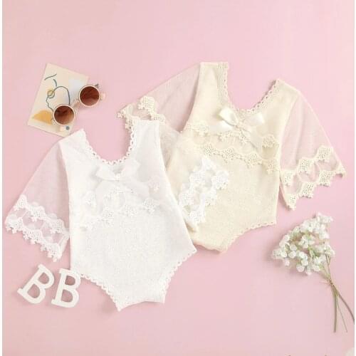 Princess Birthday Party Rompers For Baby Girls Summer Floral Lace Sheer Stitching Long Sleeves Jumpsuit with Crotch Buttons