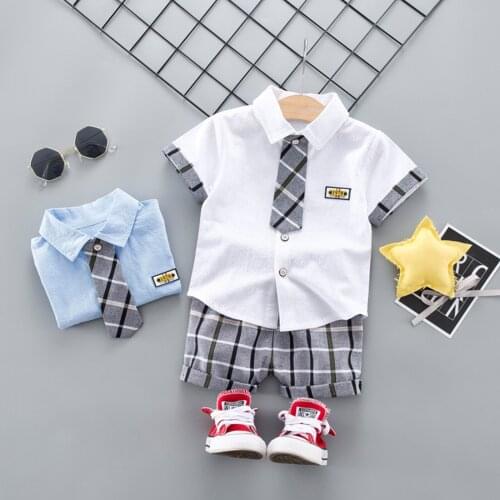 Boys Clothing Set Plaid Lapel Short Sleeve T-shirt and Shorts Two-piece Suit for Birthday Party Photography