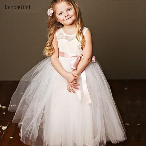 White Ivory Lace Tulle Flower Girl Dresses Children Wedding Party with Ribbons Communion Dress