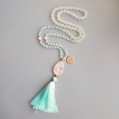 Lii Ji Matte Clear Quartz Aquamarine Rose Quartz Tassel Bohemia Long Handmade Necklace Necklace Drop Shipping