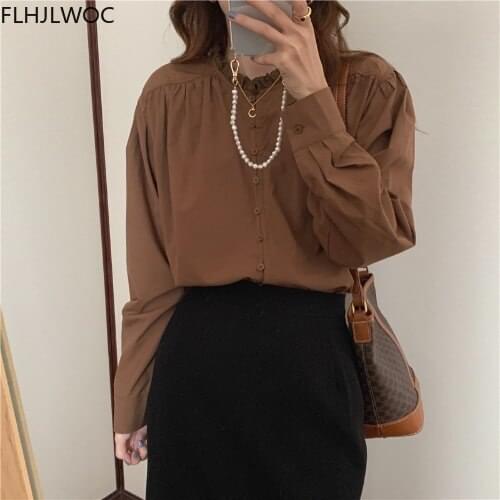 Cute Ruffles Korea Chic Tops Blusas Hot Sales Fashion Women Japan Girls Solid White Single Breasted Button Blue Shirts