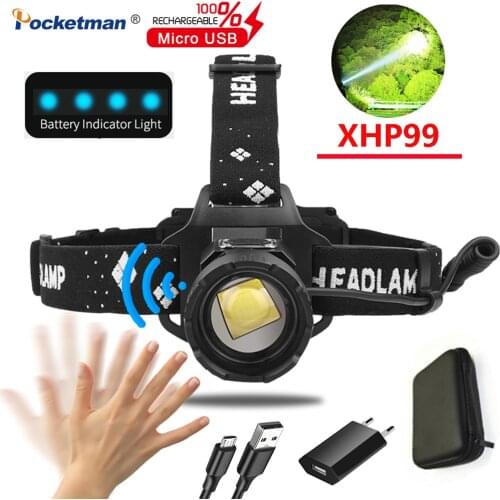 50000LM XHP99 Powerful Led Headlight 5200mAh Battery XHP99 Sensor Headlamp USB Rechargeable Induction Head Lamp Head Flashlight