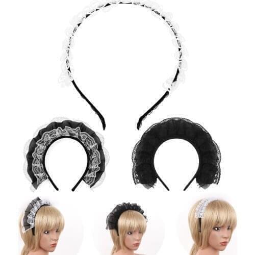 Womens Gothic Anime Maid Cosplay Lace Ruffles Handmade Headband Hair Hoop Headwear Hair Accessory for Themed Party Roleplay