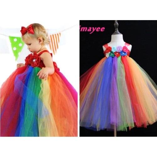 Multicolor Girls Dress Kids Crochet Flowers Long Tutu Dress Ball Gown with Ribbon Bow and Headband Children Party Dress Clothes