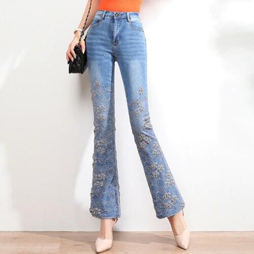 FERZIGE Luxury Jeans Beading Embroidery Flare Pants Women Skinny Stretch High Waist Jeans Female Blue Casual Slim Fit Pants New