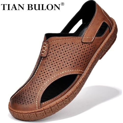 Summer Genuine Leather Men Sandals Slip-on Men Loafers Breathable Platform Beach Sandals Luxury Brand Mens Leather Casual Shoes
