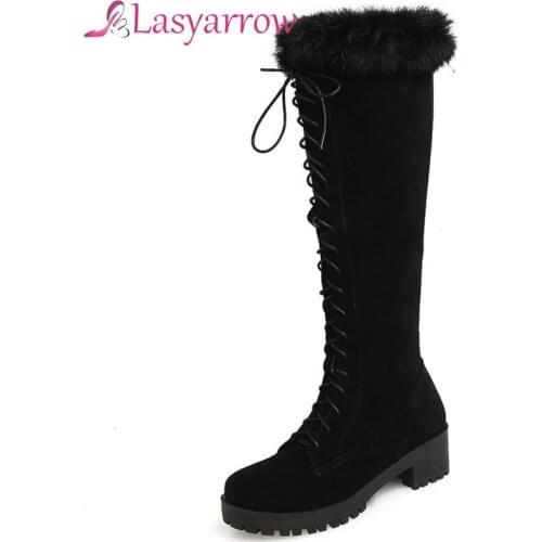 Lasyarrow 2021 Winter Fur Warm Knee High Boots Women Snow Boots High Heel Lace-up Female Shoes Thigh High Boots zapatos de mujer
