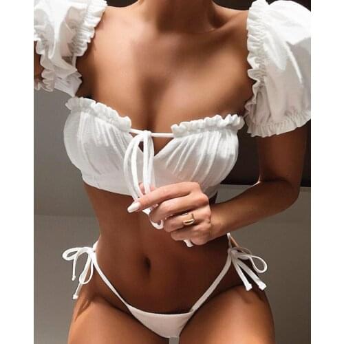 Sexy Sweet Puff Sleeve Bikini Top String Two-piece Suits Swimwear Women Push Up Swimsuits Thong Bikinis 2021 Mujer Bathing Suit