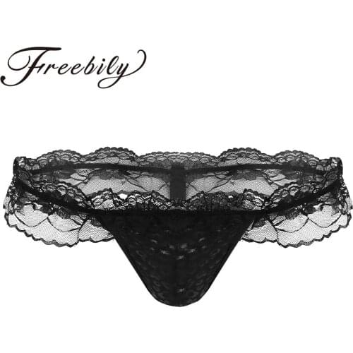 Men Sissy Panties Ruffle Mesh Lace Open Back Underwear Breathable Low Waist Leopard Print Bulge Pouch Bikini G-string Panties