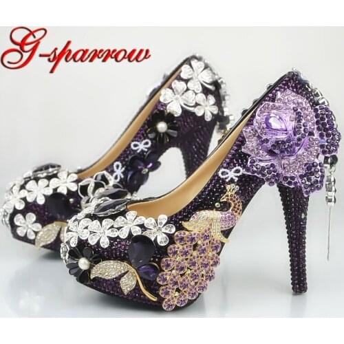Luxurious Purple Phoenix Wedding Shoes Handmade Women Nightclub High Heel Shoes Crystal Rhinestone Bridal Pumps Party Prom Shoes