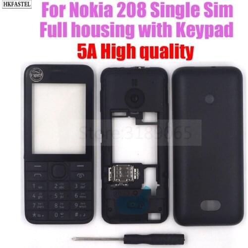 5A high quality 208 Housing For Nokia 208 Single Sim Mobile phone Full housing Back cover English Hebrew keypad Replace Parts