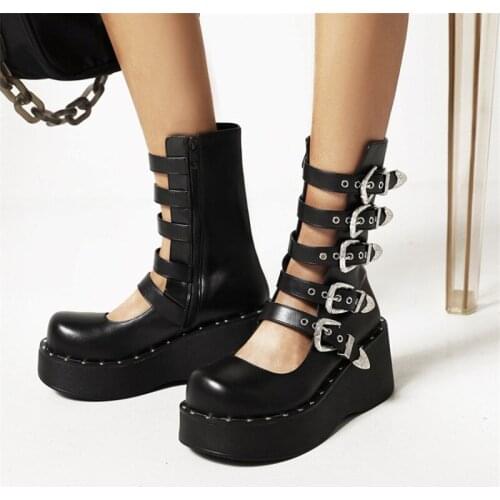PXELENA Buckle Rome Combat Motorcycle Gladiator Sandals Women Plus Size 34-43 Wedge Platform High Heels Punk Rock Gothic Shoes