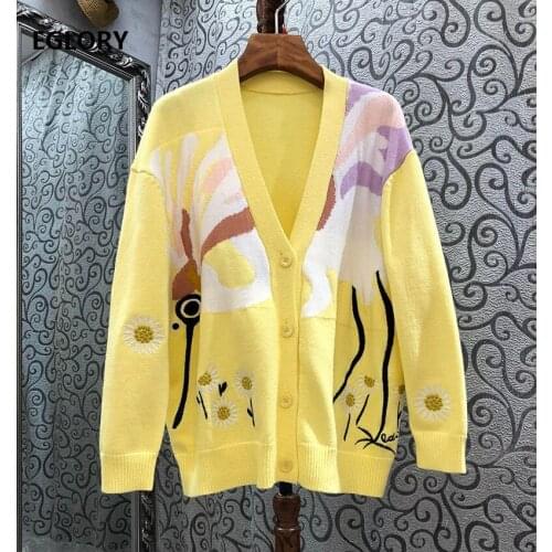 2021 Spring Autumn Fashion Cardigan Coats High Quality Women Floral Embroidery Deco Long Sleeve Casual Yellow Sweater Cardigan