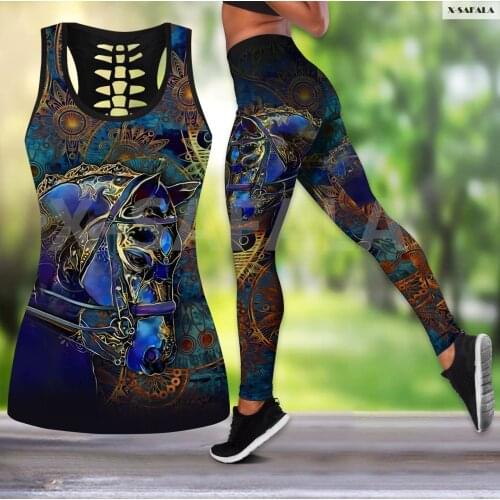 Horse Art 3D Printed Women Two Piece Yoga Set Vest Hollow Combo Tank Top Legging Waist Sport Fitness Quick Dry E21