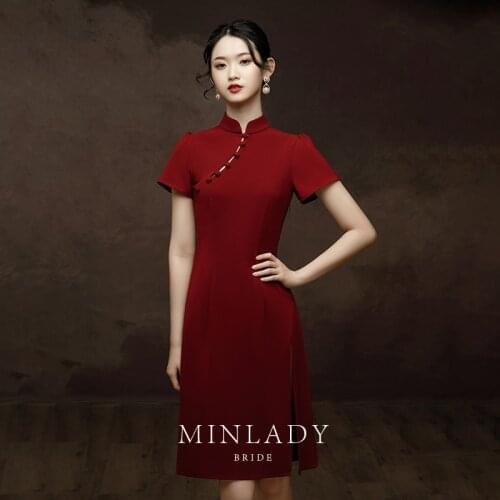 Female Elegant Chinese Bride Wedding Dress Exquisite Button Trim Novelty Qipao Burgundy Temperament Mandarin Collar Cheongsam