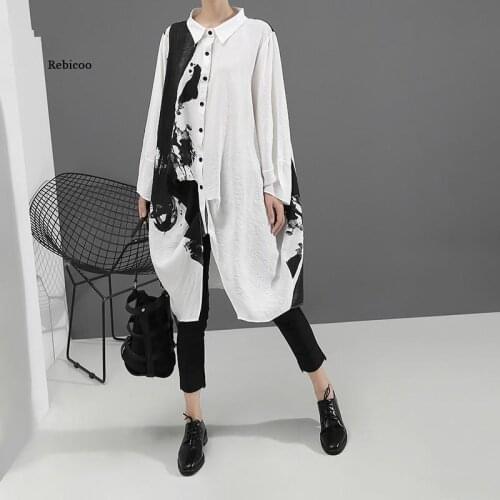 Korean Style Woman Long Sleeve White Print Shirt Dress Painting Plus Size Straight Lady Casual Midi Dress Loose Robe Femme