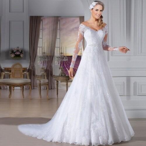 A line Off Shoulder vestido de noiva robe de mariage Cheap Wedding Gowns Lace Long Sleeve Wedding Dresses With Sweep Train
