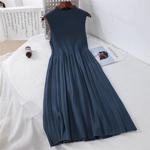 2020 Fashion Autumn Winter Dress Sleeveless Turtleneck Pleated Sweater Dress Women Elegant Knitted Dress Under Casual Robe Femme