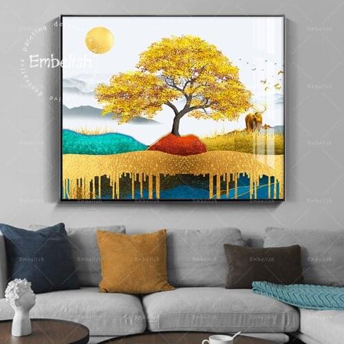 1 Pieces Sun And Golden Tree Modern Home Decor Pictures For Living Room Wall Art Posters HD Spray On Canvas Paintings Artworks