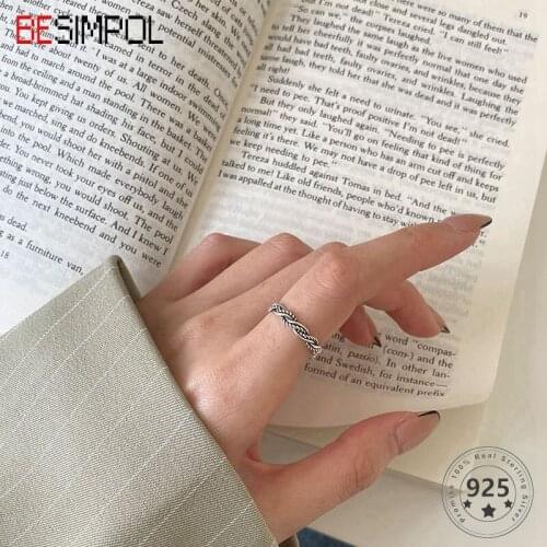 Besimpol Real 925 Sterling Silver Braided Winding Ring Fashion Simple Party Adjustable Open Rings for Women Fine Jewelry Gifts