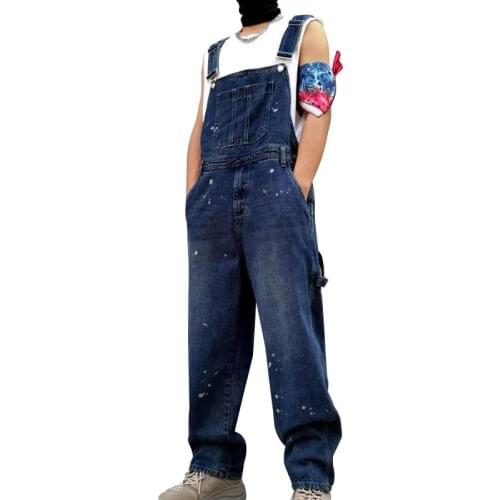 Spring American Retro Street Jeans Men Woman Overalls Bib Denim Jumpsuits Loose Straight Paint Spot Youth Blue Pants Trousers