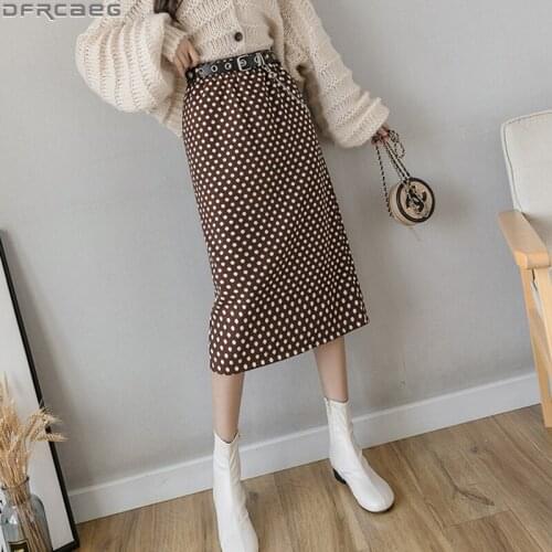 Elegant High Waist Pencil Skirt Women Autumn and Winter Woolen Long Skirts With Belt Polka Dot Saias Female Split Bodycon Skirt