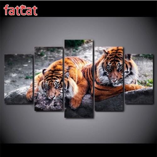 FATCAT Two little tigers 5 Piece Diy Diamond Painting Full Square Round Drill Diamond Embroidery Sale Animals Decor Gift AE1156