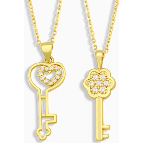 FLOLA CZ Pave Zirconia Heart Key Necklace For Women Gold Plated Pendant Necklace Wholesale Jewelry Valentines Day Gifts nkeu67