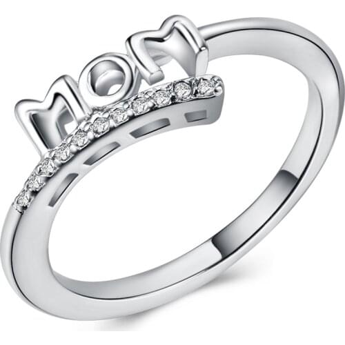 HUITAN Nice Rings With Letter "MOM" Mothers Birthday Present Very Warm Gift For Mommy Silver Plated Ring With AAA CZ Stone