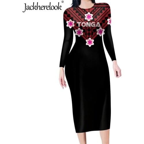 Jackherelook Samoa Tonga Hibiscus Print Long Sleeve Party Bodycon Dresse Office Lady Dresses Slim Casual Pencil Vestidos Mujer