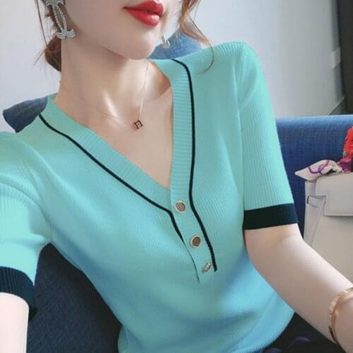 Contrast v-neck knitted Sweater T-shirt Button womens Striped short sleeve 2021 summer Korea new bottoming shirt slim women