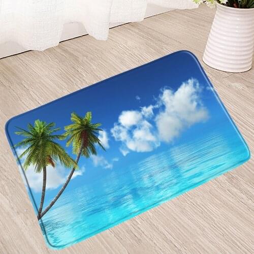 Beach Bath Mat 3D Ocean Scenery Coconut Tree Plant Non-Slip Mats Shower Room Toilet Floor Pad Bathroom Douche Doormat Rug Carpet