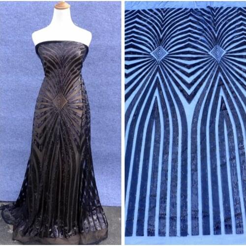 La Belleza 1 yard Black/silver/champgane sequins on mesh embroidery gown lace fabric