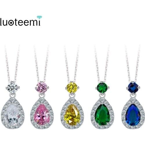 LUOTEEMI Brand Pink Green Color CZ Water Drop Zircon Crystal Pendant Necklace New High Quality Women Jewelry Gift For Wholesale