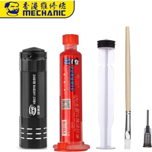 MECHANIC 10ML UV Solder Mask PCB Curable Solder Mast Green UV Fluxes Oil Soldering Paste Flux Inks Soft Brush 9 LED Light