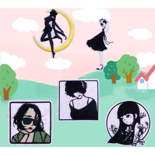 Fashion Women Patches Embroidery Iron on Patch Moon Girl Embroidered Applique Beauty Lady Thermoadhesive Patch for Clothing Bags