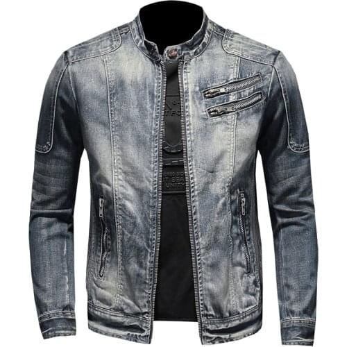 2021spring Fall High Quality Mens Solid Color Stand-up Collar Zipper Pocket Slim Slim Motorcycle Long Sleeve Mens Denim Jacket