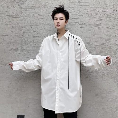 High street Long sleeve shirt men White color Loose Korean Stylish tops