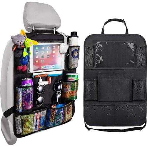 Car Backseat Organizer with 10" Table Holder 9 Storage Pockets Seat Back Protector Kick Mats for Kid Toddlers Travel Accessories