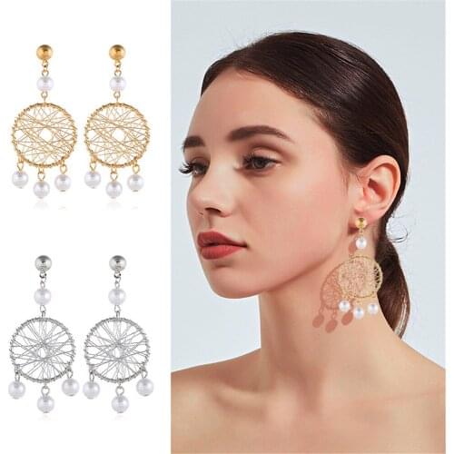 CRLEY Hollow Earrings Gold Silver Dream Catcher Earrings Long Earring With Simulated-pearl Beads Dangle Hanging Bohemia Earring