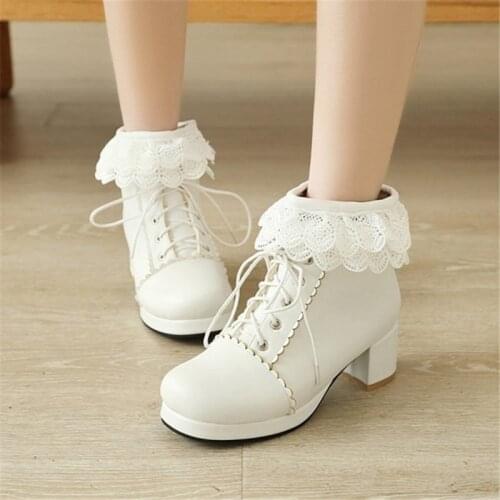 PXELENA Cute Lace Ruffles Princess Bride Wedding Boots White Pink Lolita Lace Up Women Cosplay Uniform Party Dress Ankle Boots