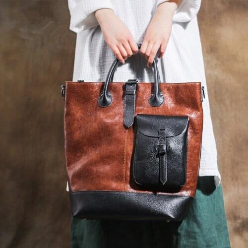 New Leather Women Bucket Bag Cowhide Vintage Large Capacity Shoulder Bag Casual Joker Diagonal Bag Handbag Tote Bags Big Zipper